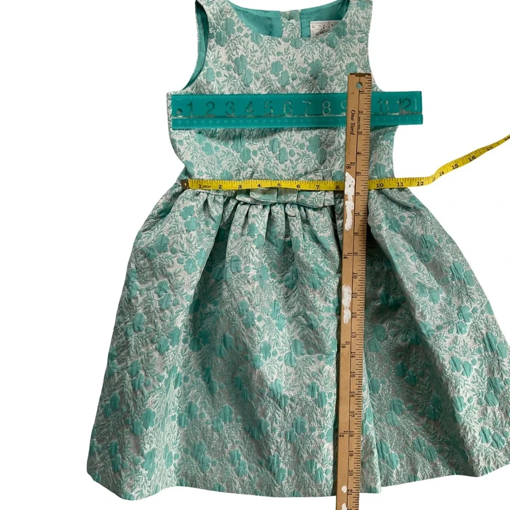 Gymboree Girls Teal Silver Floral Brocade Party Dress Bow Metallic Sz‎ 5 Holiday